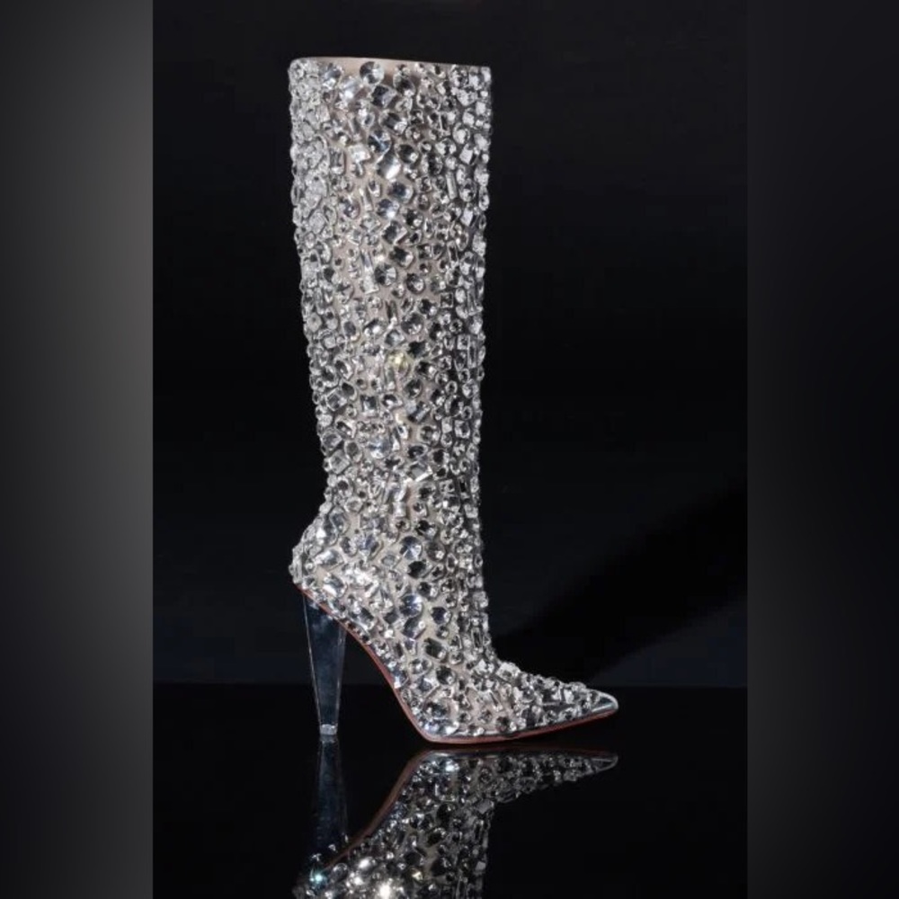 •Honey• Tall Embellished PVC Chunky Heel Boots by Azalea Wang - Picture 6 of 6